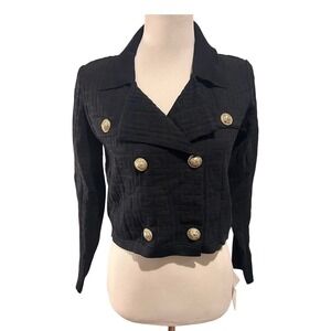 Bei Bei La‎ Black Textured Knit Double Breasted Crop Jacket Gold Buttons M/L NWT